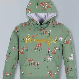 Plum Tree Full Sleeves Deer & Wonderful Glitter Text Printed Hoodie Sweatshirt - Green-picture-22