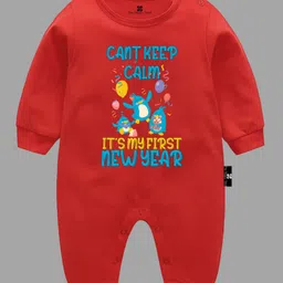 The Peppy Tend Christmas Theme Full Sleeves Cant Keep Calm Its My First New Year Text Printed Unisex Printed Romper - Red-picture-28