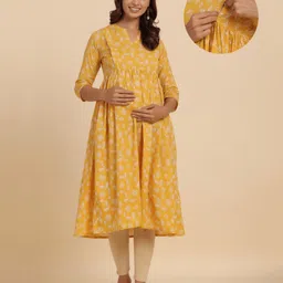 CRAFIQA Three Fourth Sleeves Floral Printed Maternity Kurta With Concealed Zipper Nursing Access - Mustard-picture-15