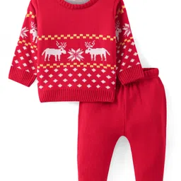 Doddle Poodle Full Sleeves Pullover Sweater Set with Jaquard Knit Design - Red-image-73