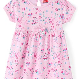 Babyhug Interlock Knit Half Sleeves Floral Printed Frock with Bow Applique - Pink-image-122