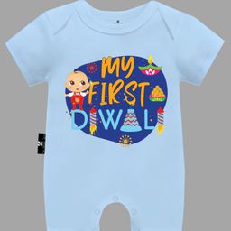 The Peppy Tend Diwali Theme 100% Cotton Half Sleeves My First Diwali Text Printed Half Romper - Blue-picture-46