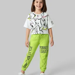 Ollington St. Disney Single Jersey Knit Half Drop Shoulder Sleeves Oversize Crop T-Shirt And Trouser With Flap Pocket And Minnie Mouse Graphics - Green & White-picture-21