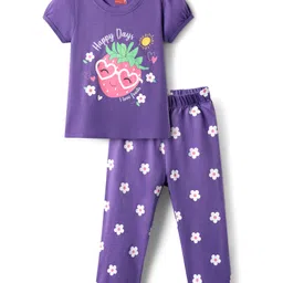 Babyhug Cotton Knit Full Length Night Suit With Floral & Text Print - Violet-picture-28