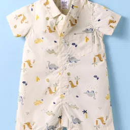 Simply Premium Poplin Knit Half Sleeves Front Open Romper with Dino Print - Cream-image-13