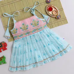 Many frocks & Chanderi Woven Sleeveless Floral Embroidered & Printed Pleated Ethnic Dress - Pink & Blue-picture-13