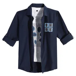 Charchit Cotton Blend Woven Full Sleeves Coffee Printed Shirt & Tee Set - Navy Blue-picture-22