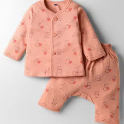 Simply Sinker Knit Full Sleeves Co-ord Night Suit with Teddy Print - Peach-picture-20