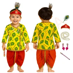 Sarvda Satin Woven Janmashtami Theme Full Sleeves Krishna Costume Set With Morpankh Mala Kundal & Flute Set - Red & Yellow-picture-15