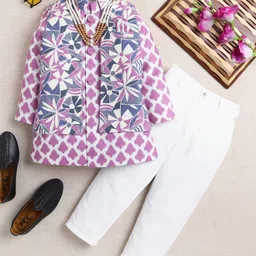 Ahhaaaa Viscose Woven Full Sleeves Abstract Motifs Printed Kurta Pant With Nehru Jacket & Mala Set - Lavender-picture-37