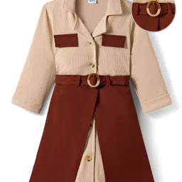 Hola Bonita Knit Full Sleeves Front Open Dress with Fabric Belt - Brown & Beige-image-20