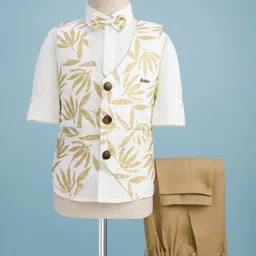 Rikidoos Full Sleeves Leaves Printed 3 Piece Party Suit With Bow Set - White & Fawn image 1