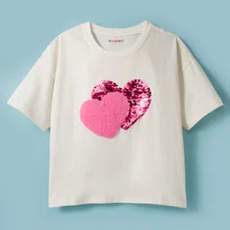 kookie kids india Kookie Kids Single Jersey Knit Drop Shoulder Half Sleeves T-Shirt with Sequin & Fur Heart Detailing - Off White-picture-24