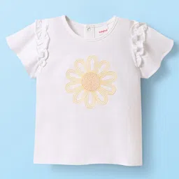 Babyhug Single Jersey Knit Half Sleeves Top & Schiffli Skirt Set With Floral Embroidery & Bow Applique - White & Yellow image 2