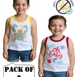 COCOON ORGANICS 100% Cotton Knit Pack Of 2 Sleeveless Elephant & Oh Baby Text Printed Anti Microbial Tee - White image 3