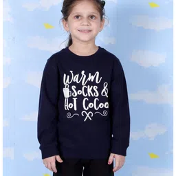 The Mom Store Cotton Knit Full Sleeves Warm Socks & Hot Cocoa Text Printed Light Winter Sweatshirt - Navy Blue image 4