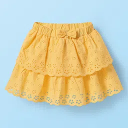 Babyhug Single Jersey Knit Half Sleeves Top & Schiffli Skirt Set With Floral Embroidery & Bow Applique - White & Yellow image 4