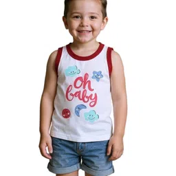 COCOON ORGANICS 100% Cotton Knit Pack Of 2 Sleeveless Elephant & Oh Baby Text Printed Anti Microbial Tee - White image 5