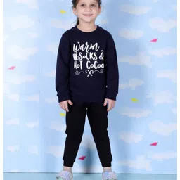 The Mom Store Cotton Knit Full Sleeves Warm Socks & Hot Cocoa Text Printed Light Winter Sweatshirt - Navy Blue image 5