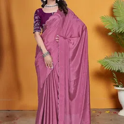 Zenophily Women Scallop Border Pure Chiffon Saree with Embroidered Blouse-picture-11