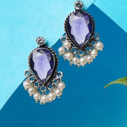 Bamboo Tree Jewels Artificial Stones Studded & Beaded Oxidised Oval Shaped Studs-picture-15