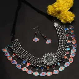 Fida Ethnic Silver-Plated Multi Coloured Meenakari Evil Eye Necklace Set for Women-image-34