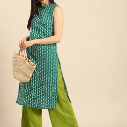 Anouk Women Teal Green & White Printed Pure Cotton Kurta with Palazzos-image-95