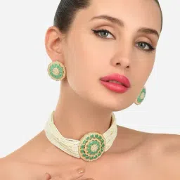 Zaveri Pearls Green Stones Multistrand Pearl Choker Necklace Earring Maangtikka & Ring Set-ZPFK12141-picture-17
