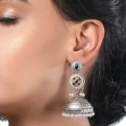 Auraa Trends Oxidized Silver Dome Jhumka Earrings With Pearl Beads And Black Stone-picture-29