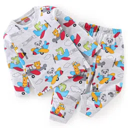 Babyhug Cotton Knit Full Sleeves Plane Printed Night Suit - Grey-picture-28