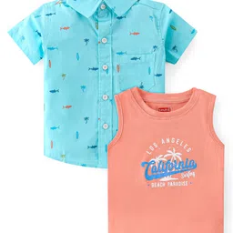 Babyhug Cotton Woven Half Sleeve Regular Collar Sea Life Print Shirt with T Shirt - Aqua Blue-picture-23