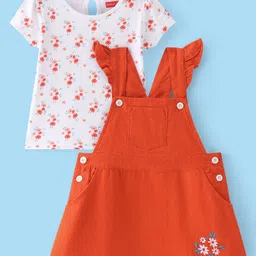 Babyhug Cotton Woven Half Sleeves T-Shirt With Frock Floral Print & Embroidery- White & Orange-picture-28