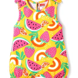 Babyhug 100% Cotton Knit Sleeveless Romper with Fruits Print & Bow Applique - Yellow-picture-15