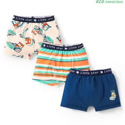 Babyoye Cotton Elastane Knit Trunks With Striped & Construction Vehicle Print Pack Of 3 - Cream White & Orange-picture-11