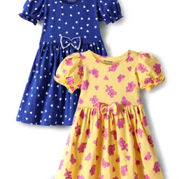 Honeyhap Premium Cotton Knit Half Puffed Sleeves Floral & Hearts Printed Bio Finish Frocks with Bow Applique Pack of 2 - Lemon Zest & Blue-image-28