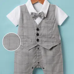 Mark & Mia Woven Half Sleeves Checks Party Romper With Attached Waistcoat & Bow - Grey-picture-27