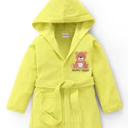 Babyhug Terry Knit Full Sleeves Hooded Bathrobe with Bear Embroidery - Neon Green-image-20