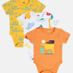 MINI KLUB Cotton Pack Of 3 Half Sleeves Dinosaurs & Boats Printed Onesies - Orange White & Yellow-picture-27