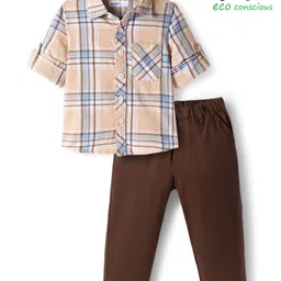 Babyoye 100% Cotton Woven Full Sleeves Shirt and Trouser Set With Checks - Peach & Bown-picture-13