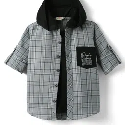 Rikidoos Full Sleeves Striped Shirt With Attached Hooded Tee Set - Grey & Black-picture-20
