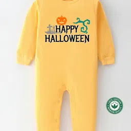 BLUSHES 100% Cotton Knit Halloween Theme Full Sleeves Happy Halloween Text Printed Romper - Yellow image 1