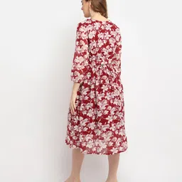 Moms Maternity Georgette Woven Three Fourth Puffed Sleeves Floral Printed Maternity Dress With Side Zipper Nursing Access - Maroon image 3