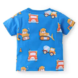 Babyhug Cotton Single Jersey Knit Half Sleeves Night Suit Construction Vehicle Print - Blue image 3