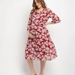 Moms Maternity Georgette Woven Three Fourth Puffed Sleeves Floral Printed Maternity Dress With Side Zipper Nursing Access - Maroon image 4