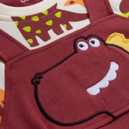 Babyoye 100% Cotton Knit Full Sleeves Romper With Dino Print & Embroidery - Brown image 4