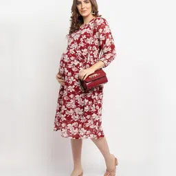 Moms Maternity Georgette Woven Three Fourth Puffed Sleeves Floral Printed Maternity Dress With Side Zipper Nursing Access - Maroon image 5