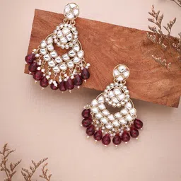 Brado Jewellery Gold-Plated Kundan Studded & Beaded Contemporary Drop Earrings-image-38