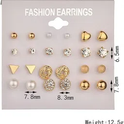 PolluxCraft Set of 12 Gold-Plated Stones Studded And Beaded Circular Shaped Korean Studs image 3
