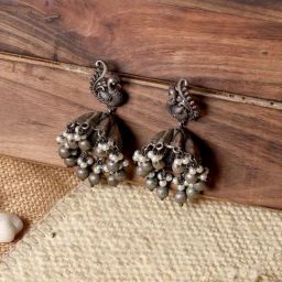 Teejh Ethnic Hasini Peacock Silver Oxidized Jhumki Earrings-picture-23