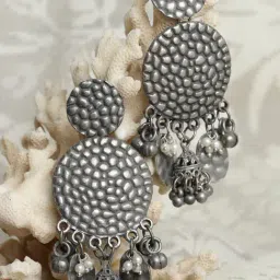 Moedbuille Ghungroo Studded Engraved Floral Design Oxidized Silver-Plated Handcrafted Danglers-image-10